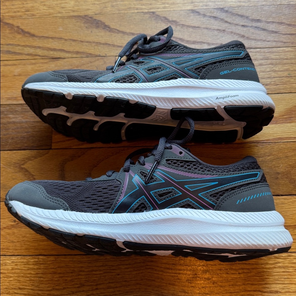 Women’s ASICS sneakers. Dark grey with blue and purple trim. 
SZ 6.5.